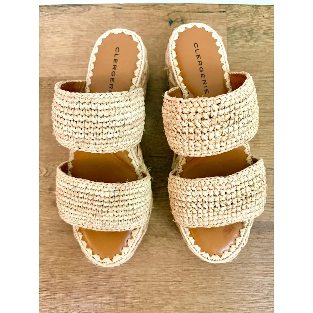 Clergerie Raffia Platform Sandals EU 38 7.5 Boho Coastal Resort Designer Slides